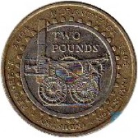 United Kingdom coin 2 Pounds - Elizabeth II - 200th Anniversary of the Steam Locomotive - 4'th Portrait (2004) reverse reverse of 2 Pounds - Elizabeth II - 200th Anniversary of the Steam Locomotive - 4'th Portrait (2004) coin with KM# 1049 from United Kingdom. Inscription: TWO POUNDS 2004 R.TREVITHICK 1804 INVENTION · INDUSTRY · PROGRESS