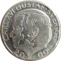 obverse of 1 Krona - Carl XVI Gustaf (1982 - 2000) coin with KM# 852a from Sweden. Inscription: CARL XVI GUSTAF · SVERIGE 20 00