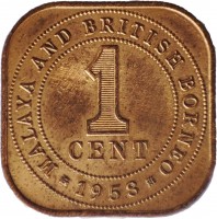 Malaya and British Borneo coin 1 Cent - Elizabeth II - 1'st Portrait (1956 - 1961) reverse reverse of 1 Cent - Elizabeth II - 1'st Portrait (1956 - 1961) coin with KM# 5 from Malaya and British Borneo. Inscription: MALAYA AND BRITISH BORNEO 1 CENT 1958