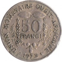 reverse of 50 Francs (1972 - 2011) coin with KM# 6 from Western Africa (BCEAO). Inscription: UNION MONETAIRE OUEST-AFRICAINE 50 FRANCS 1989