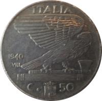 Italy coin 50 Centesimi - Vittorio Emanuele III - Magnetic (1939 - 1943) reverse reverse of 50 Centesimi - Vittorio Emanuele III - Magnetic (1939 - 1943) coin with KM# 76b from Italy. Inscription: ITALIA 1943 XXI R C. 50
