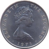 obverse of 10 New Pence - Elizabeth II - 2'nd Portrait (1971 - 1975) coin with KM# 23 from Isle of Man. Inscription: ELIZABETH THE SECOND · 1971 ·