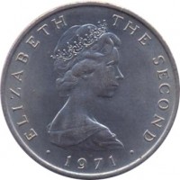 Isle of Man coin 10 New Pence - Elizabeth II - 2'nd Portrait (1971 - 1975) obverse obverse of 10 New Pence - Elizabeth II - 2'nd Portrait (1971 - 1975) coin with KM# 23 from Isle of Man. Inscription: ELIZABETH THE SECOND · 1971 ·