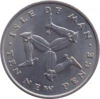 Isle of Man coin 10 New Pence - Elizabeth II - 2'nd Portrait (1971 - 1975) reverse reverse of 10 New Pence - Elizabeth II - 2'nd Portrait (1971 - 1975) coin with KM# 23 from Isle of Man. Inscription: · ISLE OF MAN · TEN NEW PENCE