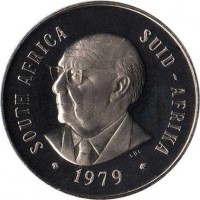 obverse of 50 Cents - Death and End of N. J. Diederichs Presidency (1979) coin with KM# 103 from South Africa. Inscription: SOUTH AFRICA SUID - AFRIKA LDL 1979