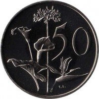 South Africa coin 50 Cents - Death and End of N. J. Diederichs Presidency (1979) reverse reverse of 50 Cents - Death and End of N. J. Diederichs Presidency (1979) coin with KM# 103 from South Africa. Inscription: 50 T.S.