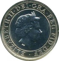 obverse of 2 Pounds - Elizabeth II - 200th Anniversary of the Birth of Charles Darwin - 4'th Portrait (2009) coin with KM# 1115 from United Kingdom. Inscription: ELIZABETH · II · DEI · GRA · REG · FID · DEF · IRB