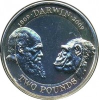 United Kingdom coin 2 Pounds - Elizabeth II - 200th Anniversary of the Birth of Charles Darwin - 4'th Portrait (2009) reverse reverse of 2 Pounds - Elizabeth II - 200th Anniversary of the Birth of Charles Darwin - 4'th Portrait (2009) coin with KM# 1115 from United Kingdom. Inscription: 1809 · DARWIN · 2009 TWO POUNDS