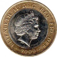 United Kingdom coin 2 Pounds - Elizabeth II - 250th Anniversary of the Birth of Robert Burns - 4'th Portrait (2009) obverse obverse of 2 Pounds - Elizabeth II - 250th Anniversary of the Birth of Robert Burns - 4'th Portrait (2009) coin with KM# 1116 from United Kingdom. Inscription: ELIZABETH · II · D · G · REG · FID · DEF · 2009 · IRB