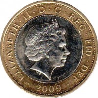 obverse of 2 Pounds - Elizabeth II - 250th Anniversary of the Birth of Robert Burns - 4'th Portrait (2009) coin with KM# 1116 from United Kingdom. Inscription: ELIZABETH · II · D · G · REG · FID · DEF · 2009 · IRB