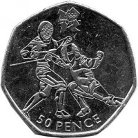 reverse of 50 Pence - Elizabeth II - 2012 London Olympics: Fencing - 4'th Portrait (2011) coin with KM# 1191 from United Kingdom. Inscription: london 50 PENCE