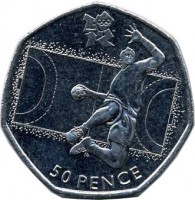 United Kingdom coin 50 Pence - Elizabeth II - 2012 London Olympics: Handball - 4'th Portrait (2011) reverse reverse of 50 Pence - Elizabeth II - 2012 London Olympics: Handball - 4'th Portrait (2011) coin with KM# 1192 from United Kingdom. Inscription: london 50 PENCE
