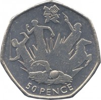 reverse of 50 Pence - Elizabeth II - 2012 London Olympics: Modern Pentathlon - 4'th Portrait (2011) coin with KM# 1177 from United Kingdom. Inscription: london 50 PENCE