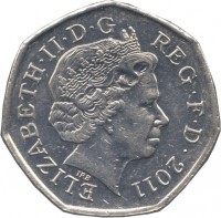 obverse of 50 Pence - Elizabeth II - 2012 London Olympics: Modern Pentathlon - 4'th Portrait (2011) coin with KM# 1177 from United Kingdom. Inscription: ELIZABETH · II · D · G · REG F · D · 2011 IRB