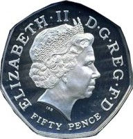 obverse of 50 Pence - Elizabeth II - 50th Anniversary of the World Wildlife Fund - 4'th Portrait (2011) coin with KM# 1196 from United Kingdom. Inscription: ELIZABETH · II D · G · REG · F · D IRB FIFTY PENCE