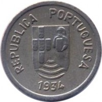 obverse of 2 Tangas (1934) coin with KM# 20 from India. Inscription: REPUBLICA PORTUGUESA 1934