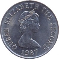 Jersey coin 10 Pence - Elizabeth II - 2'nd Portrait (1983 - 1990) obverse obverse of 10 Pence - Elizabeth II - 2'nd Portrait (1983 - 1990) coin with KM# 57.1 from Jersey. Inscription: QUEEN ELIZABETH THE SECOND 1987