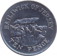 Jersey coin 10 Pence - Elizabeth II - 2'nd Portrait (1983 - 1990) reverse reverse of 10 Pence - Elizabeth II - 2'nd Portrait (1983 - 1990) coin with KM# 57.1 from Jersey. Inscription: BAILIWICK OF JERSEY TEN PENCE