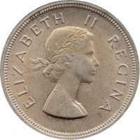 South Africa coin 2 1/2 Shillings - Elizabeth II - 1'st Portrait (1953 - 1960) obverse obverse of 2 1/2 Shillings - Elizabeth II - 1'st Portrait (1953 - 1960) coin with KM# 51 from South Africa. Inscription: ELIZABETH II REGINA
