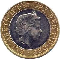 United Kingdom coin 2 Pounds - Elizabeth II - Marconi Telegraph Centenary - 4'th Portrait (2001) obverse obverse of 2 Pounds - Elizabeth II - Marconi Telegraph Centenary - 4'th Portrait (2001) coin with KM# 1014 from United Kingdom. Inscription: ELIZABETH · II · DEI · GRA · REG · FID · DEF · IRB
