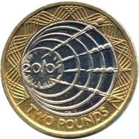 United Kingdom coin 2 Pounds - Elizabeth II - Marconi Telegraph Centenary - 4'th Portrait (2001) reverse reverse of 2 Pounds - Elizabeth II - Marconi Telegraph Centenary - 4'th Portrait (2001) coin with KM# 1014 from United Kingdom. Inscription: 20/01 r.e. TWO POUNDS