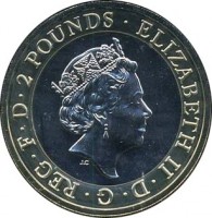 United Kingdom coin 2 Pounds - Elizabeth II - 100th Anniversary of the First World War - 5'th Portrait (2016) obverse obverse of 2 Pounds - Elizabeth II - 100th Anniversary of the First World War - 5'th Portrait (2016) coin from United Kingdom. Inscription: ELIZABETH II. D . G . REG . F . D . 2 POUNDS . JC