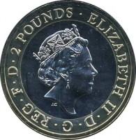 obverse of 2 Pounds - Elizabeth II - 100th Anniversary of the First World War - 5'th Portrait (2016) coin from United Kingdom. Inscription: ELIZABETH II. D . G . REG . F . D . 2 POUNDS . JC