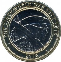 reverse of 2 Pounds - Elizabeth II - 100th Anniversary of the First World War - 5'th Portrait (2016) coin from United Kingdom. Inscription: THE FIRST WORLD WAR 1914 - 1918 2016