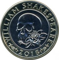 United Kingdom coin 2 Pounds - Elizabeth II - Works of William Shakespeare: Tragedy - 5'th Portrait (2016) reverse reverse of 2 Pounds - Elizabeth II - Works of William Shakespeare: Tragedy - 5'th Portrait (2016) coin from United Kingdom. Inscription: WILLIAM SHAKESPEARE JB 2016