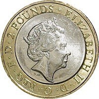 Bi-metallic Copper-Nickel center in Nickel-Brass ring coin United Kingdom KM# 1385 ELIZABETH II · D · G · REG · F · D · 2 POUNDS ·. JC.