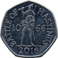 reverse of 50 Pence - Elizabeth II - 950th Anniversary of the Battle of Hastings - 5'th Portrait (2016) coin from United Kingdom. Inscription: BATTLE OF HASTINGS 10 66 JB 2016