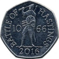 United Kingdom coin 50 Pence - Elizabeth II - 950th Anniversary of the Battle of Hastings - 5'th Portrait (2016) reverse reverse of 50 Pence - Elizabeth II - 950th Anniversary of the Battle of Hastings - 5'th Portrait (2016) coin from United Kingdom. Inscription: BATTLE OF HASTINGS 10 66 JB 2016