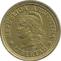 obverse of 50 Centavos (1970 - 1976) coin with KM# 68 from Argentina. Inscription: REPUBLICA ARGENTINA *LIBERTAD*