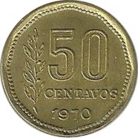Argentina coin 50 Centavos (1970 - 1976) reverse reverse of 50 Centavos (1970 - 1976) coin with KM# 68 from Argentina. Inscription: 50 CENTAVOS 1970