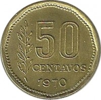 reverse of 50 Centavos (1970 - 1976) coin with KM# 68 from Argentina. Inscription: 50 CENTAVOS 1970