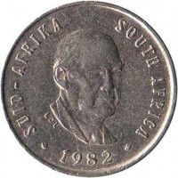 obverse of 5 Cents - The end of Balthazar Johannes Vorster's presidency (1982) coin with KM# 111 from South Africa. Inscription: SUID - AFRIKA SOUTH AFRICA LDL 1982