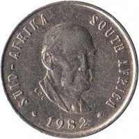 South Africa coin 5 Cents - The end of Balthazar Johannes Vorster's presidency (1982) obverse obverse of 5 Cents - The end of Balthazar Johannes Vorster's presidency (1982) coin with KM# 111 from South Africa. Inscription: SUID - AFRIKA SOUTH AFRICA LDL 1982