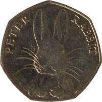 reverse of 50 Pence - Elizabeth II - 150th Anniversary of the Birth of Beatrix Potter - 5'th Portrait (2016) coin from United Kingdom. Inscription: PETER RABBIT en.