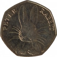 United Kingdom coin 50 Pence - Elizabeth II - 150th Anniversary of the Birth of Beatrix Potter - 5'th Portrait (2016) reverse reverse of 50 Pence - Elizabeth II - 150th Anniversary of the Birth of Beatrix Potter - 5'th Portrait (2016) coin from United Kingdom. Inscription: PETER RABBIT en.