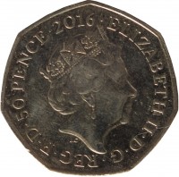 obverse of 50 Pence - Elizabeth II - 150th Anniversary of the Birth of Beatrix Potter - 5'th Portrait (2016) coin from United Kingdom. Inscription: ELIZABETH II · D · G · REG · F · D · 50 PENCE · 2016 JC