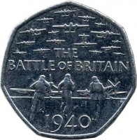 reverse of 50 Pence - Elizabeth II - 75th Anniversary of the Battle of Britain - 5'th Portrait (2015) coin from United Kingdom. Inscription: THE BATTLE OF BRITAIN 1940