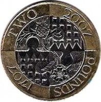 United Kingdom coin 2 Pounds - Elizabeth II - 300th Anniversary of the Act of Union - 4'th Portrait (2007) reverse reverse of 2 Pounds - Elizabeth II - 300th Anniversary of the Act of Union - 4'th Portrait (2007) coin with KM# 1076 from United Kingdom. Inscription: TWO 2007 POUNDS 1707