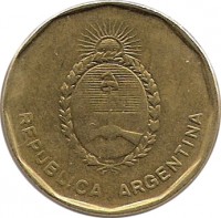 obverse of 10 Centavos (1985 - 1988) coin with KM# 98 from Argentina. Inscription: REPUBLICA ARGENTINA