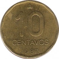 reverse of 10 Centavos (1985 - 1988) coin with KM# 98 from Argentina. Inscription: ₳ 10 CENTAVOS 1985