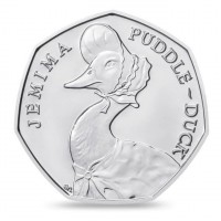 reverse of 50 Pence - Elizabeth II - 150th Anniversary of the Birth of Beatrix Potter - 5'th Portrait (2016) coin from United Kingdom. Inscription: JEMIMA PUDDLE-DUCK en