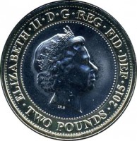 obverse of 2 Pounds - Elizabeth II - 800th Anniversary of the Magna Carta - 5'th Portrait (2015) coin with KM# 1343 from United Kingdom. Inscription: ELIZABETH · II · D · G · REG · F · D · TWO POUNDS · 2015 J.C