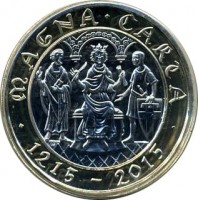 reverse of 2 Pounds - Elizabeth II - 800th Anniversary of the Magna Carta - 5'th Portrait (2015) coin with KM# 1343 from United Kingdom. Inscription: MAGNA · CARTA · 1215-2015 · JB