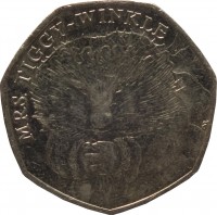 United Kingdom coin 50 Pence - Elizabeth II - 150th Anniversary of the birth of Beatrix Potter - 5'th Portrait (2016) reverse reverse of 50 Pence - Elizabeth II - 150th Anniversary of the birth of Beatrix Potter - 5'th Portrait (2016) coin from United Kingdom. Inscription: MRS. TIGGY-WINKLE en.