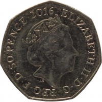 obverse of 50 Pence - Elizabeth II - 150th Anniversary of the birth of Beatrix Potter - 5'th Portrait (2016) coin from United Kingdom. Inscription: ELIZABETH II · D · G · REG · F · D · 50 PENCE · 2016 JC