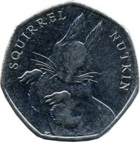 United Kingdom coin 50 Pence - Elizabeth II - 150th Anniversary of the Birth of Beatrix Potter - 5'th Portrait (2016) reverse reverse of 50 Pence - Elizabeth II - 150th Anniversary of the Birth of Beatrix Potter - 5'th Portrait (2016) coin from United Kingdom. Inscription: SQUIRREL NUTKIN en